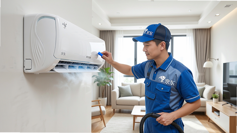 京东服务家电清洗师傅正在使用专业设备清洗空调室内机,背景是干净客厅,强调专业与细致