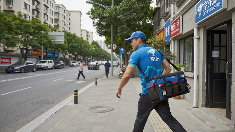 地图上显示多个服务点,一位京东服务师傅背着工具包快速走向用户家,背景是城市街道,体现快速响应