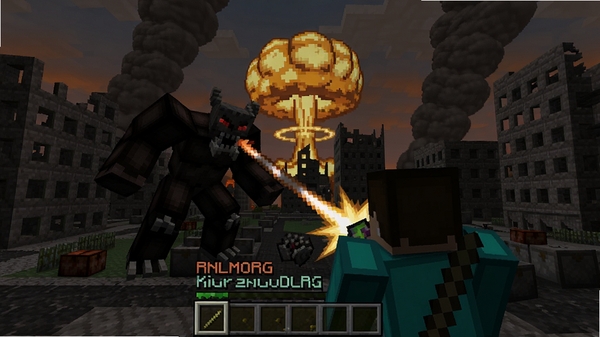 概括软件核心全貌,必须包含我的世界超难末日RPG;画面主体为一名玩家在废弃城市中与巨型怪物战斗,背景是核爆后的废墟与浓烟,采用暗黑写实风格,适配Boogu模型生成。