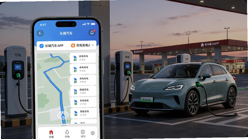 长城汽车APP导航与充电功能图,手机屏幕显示导航路线和附近充电站列表,背景为高速公路服务区,一辆欧拉好猫正在快充桩充电,天空傍晚色调,意境实用。