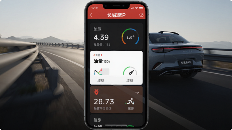 长城汽车APP车辆状态监控界面截图模拟,手机屏幕显示胎压、油量、续航、报警信息等数据卡片,背景为一辆行驶中的魏牌摩卡,路面光影效果真实,突出数据可视化。