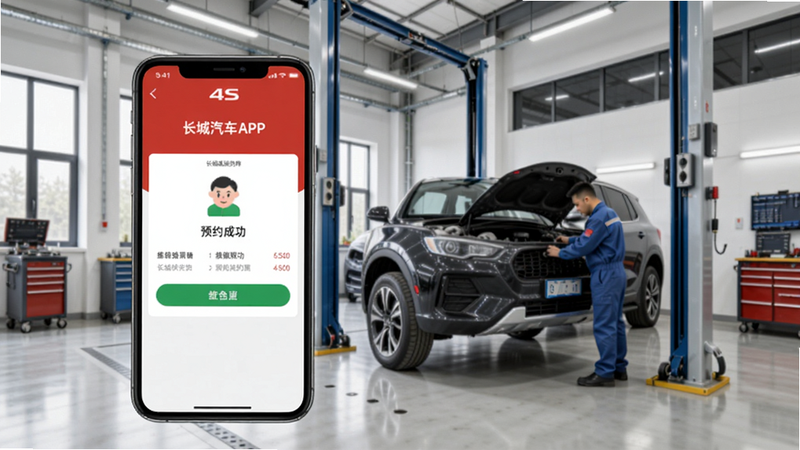 长城汽车APP维保预约界面,手机显示预约成功页面,背景为长城4S店整洁的维修车间,技师正在检查车辆,突出专业与高效。