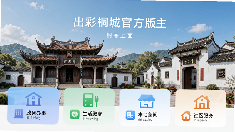 出彩桐城官方版主界面,展示首页模块:政务办事、生活缴费、本地新闻、社区服务,背景为桐城市地标建筑如文庙或六尺巷,画面简洁明亮,突出APP核心功能分布