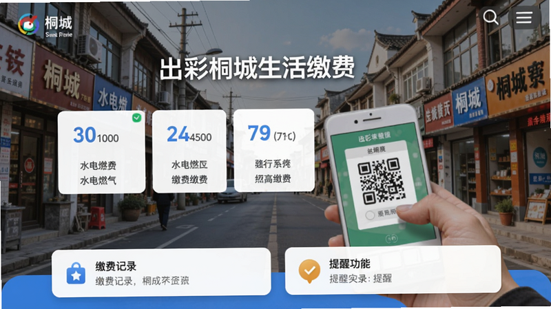 出彩桐城生活缴费页面,展示水电燃气多个缴费入口,底部有缴费记录和提醒功能,背景为桐城街景,用户正在扫码支付