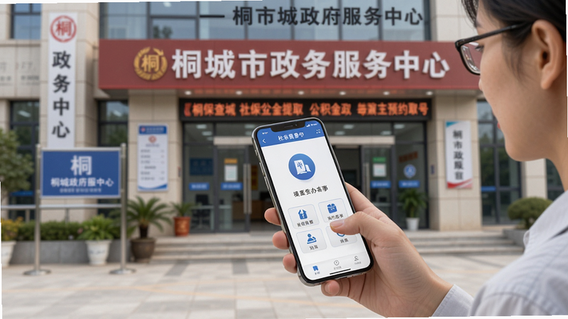 出彩桐城政务办事界面,展示社保查询、公积金提取、预约取号等按钮,背景为桐城市政务服务中心外观,用户手持手机操作,界面清晰,图标简约