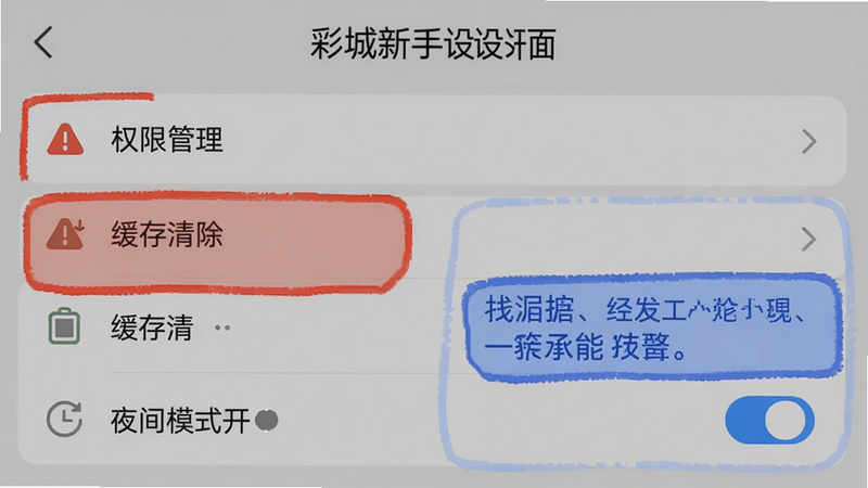 出彩桐城新手设置界面,展示权限管理、缓存清除、夜间模式开关等选项,背景为手机设置页面截图,重点标注红色警告和蓝色技巧区域