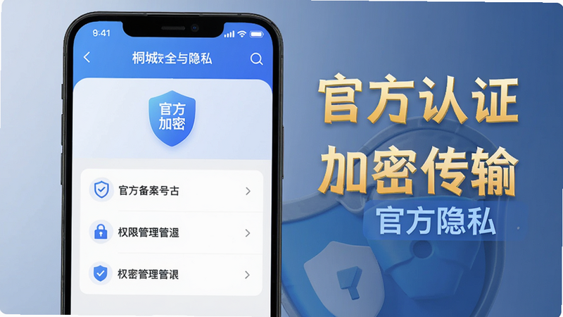 出彩桐城安全与隐私设置页面,展示数据加密标识、官方备案号、权限管理列表,背景为手机安全检测界面,突出“官方认证”和“加密传输”字样
