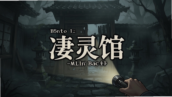 凄灵馆游戏主界面,昏暗的日式庭院,主角手持手电筒,背景是破旧木门,雾气弥漫,第一人称视角,画面中央显示游戏标题