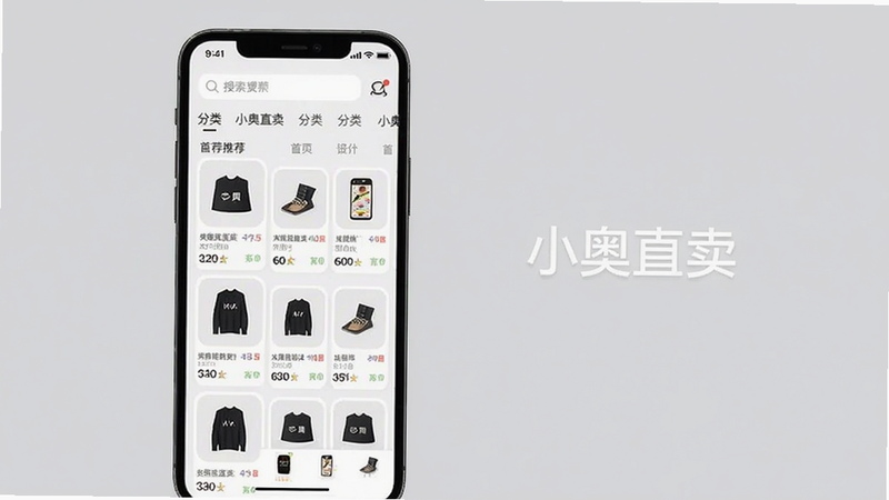 小奥直卖 app 主界面预览图,手机屏幕中显示首页推荐商品列表,顶部有搜索栏和分类导航,背景为浅灰色,整体风格简约明快,突出软件名称“小奥直卖”