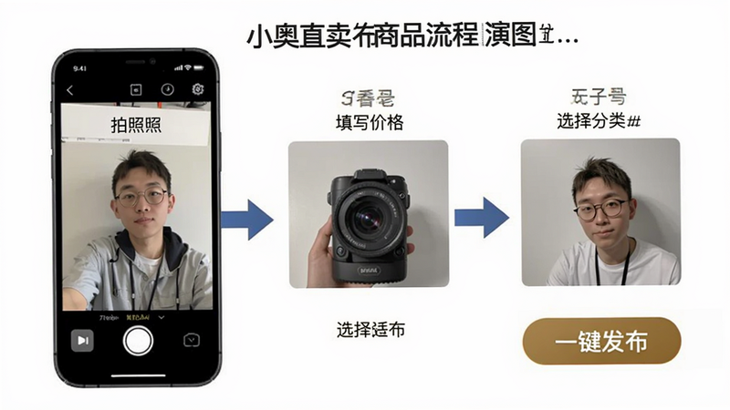 小奥直卖发布商品流程演示图,手机界面展示拍照、填写价格、选择分类三个步骤,背景为白色,步骤之间用箭头连接,突出“一键发布”按钮