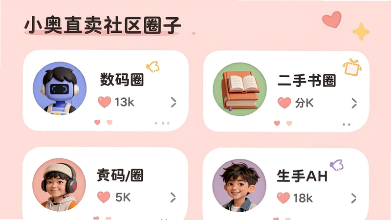 小奥直卖社区圈子页面预览图,显示多个兴趣圈子入口,如“数码圈”“二手书圈”,每个圈子有头像和成员数,背景为浅粉色,整体活泼温馨