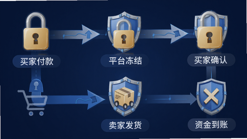 小奥直卖安全交易流程图,包含买家付款、平台冻结、卖家发货、买家确认、资金到账五个节点,用锁图标和盾牌元素装饰,背景为深蓝色