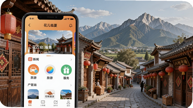 一幅展现花儿临夏App界面与临夏风景的融合图,画面主体为手机屏幕显示APP首页,界面有新闻、旅游、服务等图标,背景为临夏八坊十三巷和积石山风光,色调温暖明亮,突出民族特色与地域文化,整体风格现代清新。