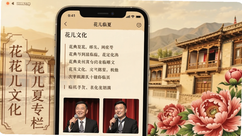 一张展示花儿临夏APP内“花儿文化”专栏界面的图片,手机屏幕显示经典花儿歌词与歌手照片,背景有临夏传统民居和牡丹花元素,色调复古温馨,突出文化传承氛围。