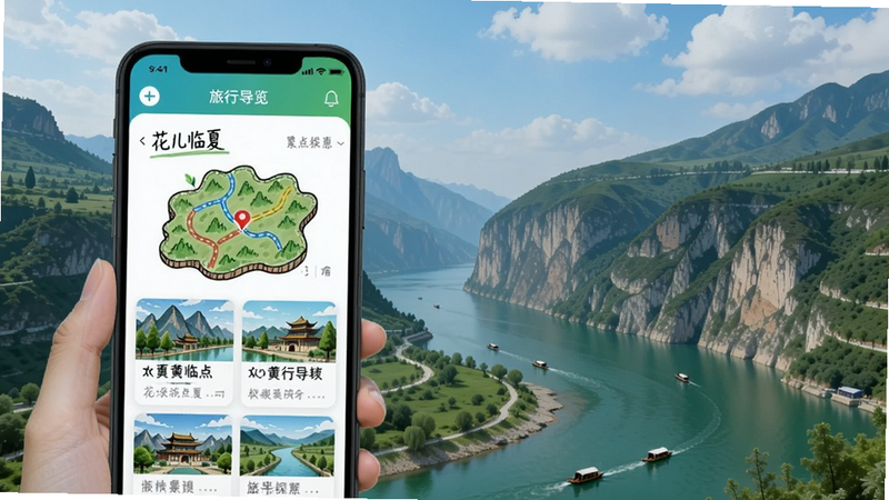 一幅展示花儿临夏APP旅游导览功能的图片,手机屏幕显示手绘地图和景点列表,背景为临夏黄河三峡自然风光,色调清新自然,突出旅行探索感。