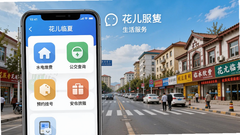 展示花儿临夏APP内生活服务功能界面的图片,手机屏幕上显示水电缴费、公交查询、预约挂号等图标,背景为临夏城市街景,色彩明快,突出便捷与实用。