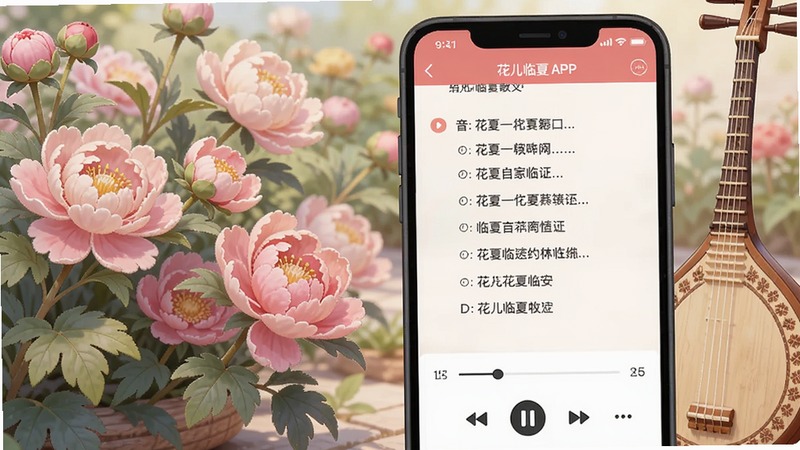 一张展示花儿临夏APP内歌词页面的图片,手机屏幕上显示经典花儿歌词片段与播放控件,背景有临夏牡丹花园和民族乐器图案,色调柔和,突出音乐文化氛围。