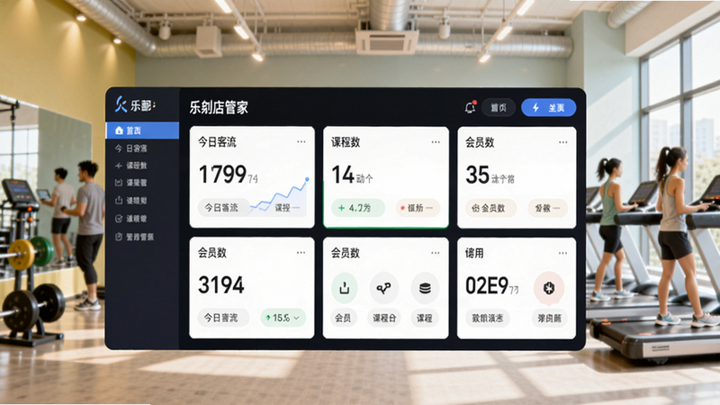 乐刻店管家主界面预览图,展示首页仪表盘,显示今日客流、课程数、会员数等数据,背景为健身房场景,明亮色调,界面简洁清晰