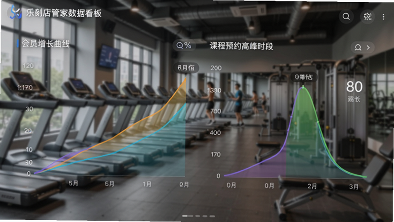乐刻店管家数据看板截图,彩色图表显示会员增长曲线和课程预约高峰时段,背景模糊健身房,突出数字面板