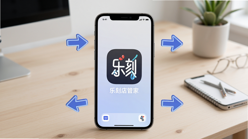 乐刻店管家安装教程示意图,手机屏幕显示APP图标,周围有步骤箭头,背景为简洁桌面