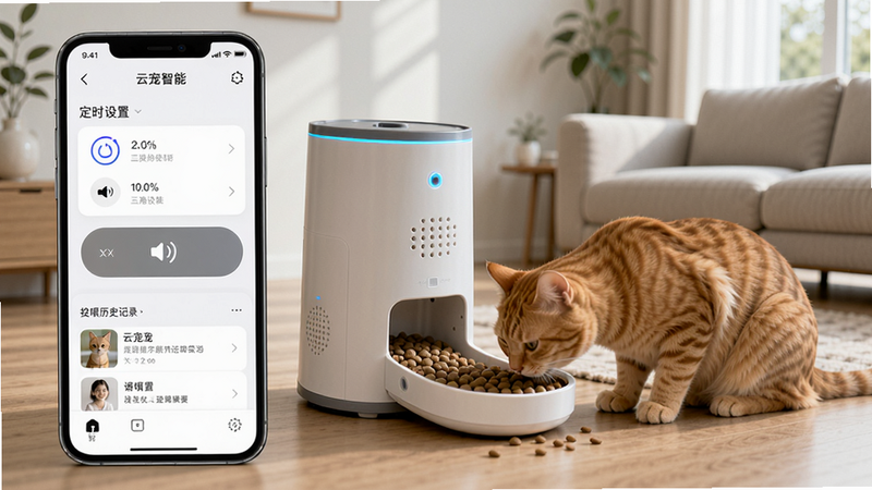 云宠智能App远程喂食操作界面,手机屏幕显示定时设置、语音录制按钮和投喂历史记录,背景为简约现代客厅,喂食器正在出粮,一只橘猫低头吃食,光线自然,突出科技感与宠物互动