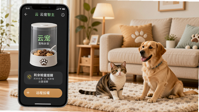 云宠智能主界面展示,手机屏幕中显示宠物喂食器连接状态、剩余粮量提醒和远程投喂按钮,背景为温馨的家居环境,宠物猫狗在旁玩耍,整体色调明亮柔和,突出智能互联与便捷操作