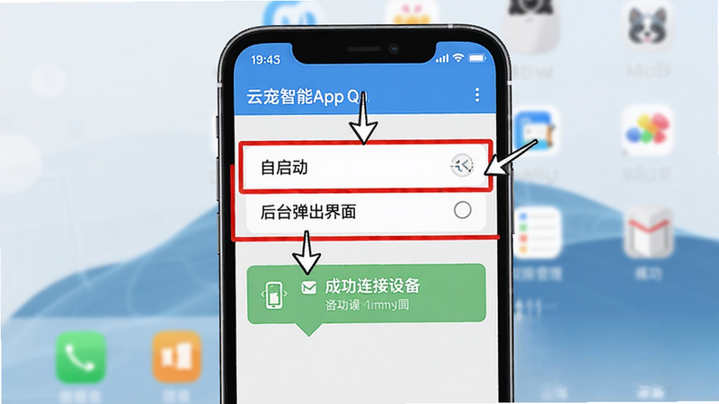 云宠智能App安装与权限设置步骤截图,手机屏幕显示权限管理页面,红色框标出“自启动”和“后台弹出界面”选项,下方有成功连接设备的提示,背景为简洁桌面,突出操作指引