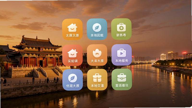 展示优简太原App的主界面截图,画面中央是功能九宫格图标,背景为太原地标建筑晋祠与汾河夜景,整体色调温暖明亮,突出本地生活服务的便捷与亲切。