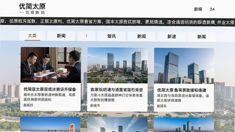 优简太原的资讯页面预览图,顶部是滚动新闻条,中间为分类标签栏,下方展示图文混排的新闻卡片,背景隐约可见太原长风商务区建筑群,整体风格清新简洁。