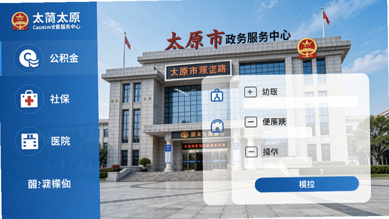 优简太原的便民服务界面模拟图,左侧列表显示公积金、社保、医院等图标,右侧为对应功能的操作表单,背景为太原市政务服务中心大楼,色调为蓝色系,体现专业与可靠。