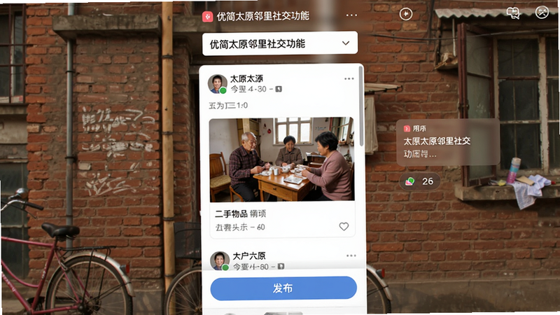 优简太原邻里社交功能界面,顶部是小区选择下拉框,中部为动态瀑布流,显示用户发布的二手物品照片和文字,底部有发布按钮,背景为太原老旧小区红砖墙,渲染生活气息。