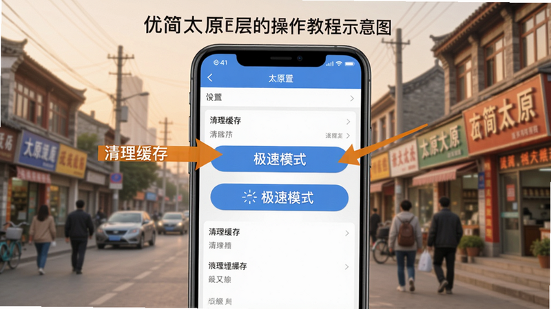 优简太原的操作教程示意图,画面中央展示手机屏幕上的App设置页面,箭头标注“清理缓存”和“极速模式”按钮,背景为太原日常街景,色调柔和,便于用户理解操作步骤。