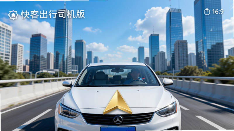 快客出行司机版主界面展示,画面中央是一辆白色轿车行驶在城市道路上,背景是高楼大厦与蓝天白云,车头前方有一个金色的导航箭头图标,整体色调明亮清新,突出司机接单场景,画面比例为16:9,细节清晰,色彩鲜艳。