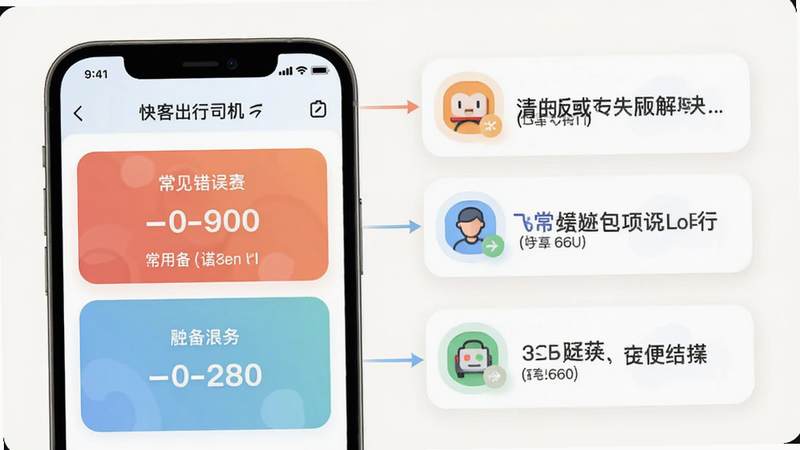 快客出行司机版报错解决方案流程图,以手机屏幕截图形式展示常见错误代码,旁边配有解决步骤文字,画面为卡片式布局,色彩温和,信息清晰易读。