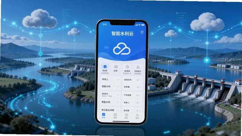 智慧水利云核心全貌 画面中央展示智慧水利云APP界面,背景为数字化的河流湖泊与水利枢纽,天空有云数据流动线条,整体风格科技蓝,适配Boogu模型生成