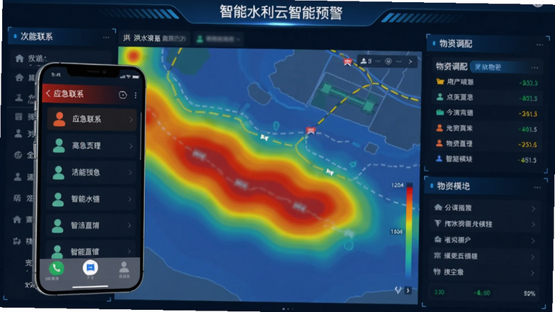 智慧水利云智能预警界面 画面呈现洪水淹没模拟的热力图,红色区域高亮预警,手机屏幕显示应急联系人列表和物资调配模块,色调对比鲜明,适配Boogu模型生成