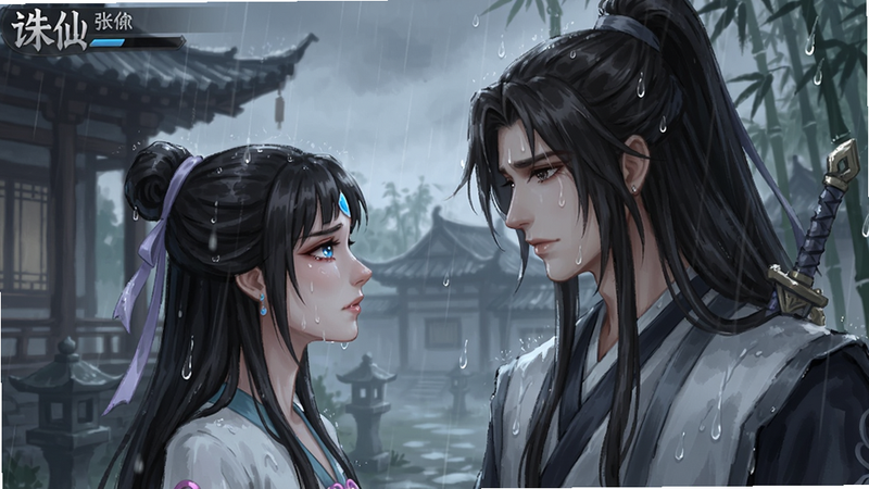 诛仙手游剧情场景,张小凡与碧瑶在雨中相遇,画面带有水墨风格,情感氛围浓厚,人物表情细腻,背景是古色古香的建筑和竹林,雨滴特效清晰,色彩柔和。