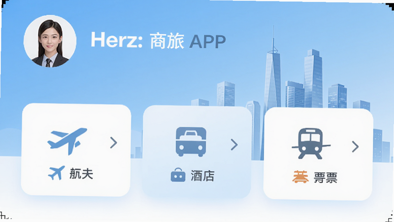 赫兹商旅APP主界面预览,浅蓝色商务风格,顶部显示用户头像和公司名称,中部为航班、酒店、火车票快捷入口,背景为现代城市楼宇剪影,画面干净明亮,Boogu模型生成