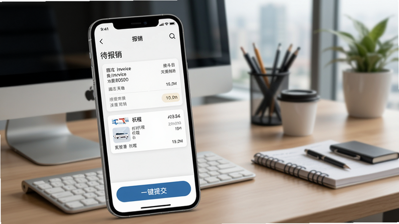 赫兹商旅报销流程演示,手机界面显示“待报销”列表,其中包含酒店发票和机票行程单,底部有“一键提交”按钮,背景为办公桌场景,Boogu模型生成
