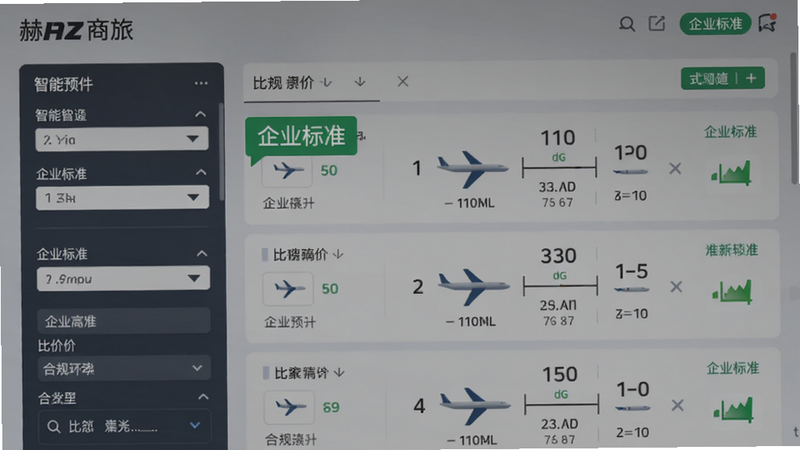 赫兹商旅智能预订界面截图,左侧为筛选条件栏,右侧展示航班列表,突出“企业标准”绿色标识,背景为柔和渐变灰,强调比价与合规功能,Boogu生成