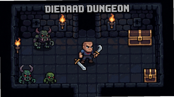 Diehard Dungeon��Ӳ�������ط����Ϸ�����棬����վ�ڵ��η������룬��Χ�й���ͱ��䣬������ɫ�������������ǽ�ɫ�����ø��ӽǣ��ʺ�չʾ��Ϸ�����淨
