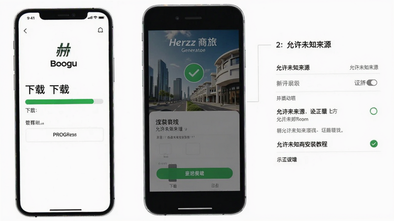 赫兹商旅安装教程示意图,手机屏幕显示下载进度条和安装界面,旁边有“允许未知来源”设置步骤,背景为干净白色,Boogu模型生成