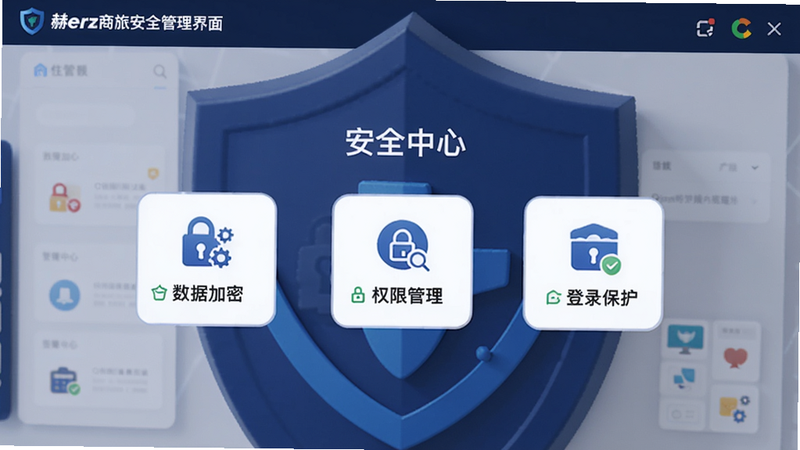 赫兹商旅安全管理界面,显示“安全中心”页面,包含数据加密、权限管理、登录保护三个图标,背景为深蓝色盾牌形状,Boogu模型生成