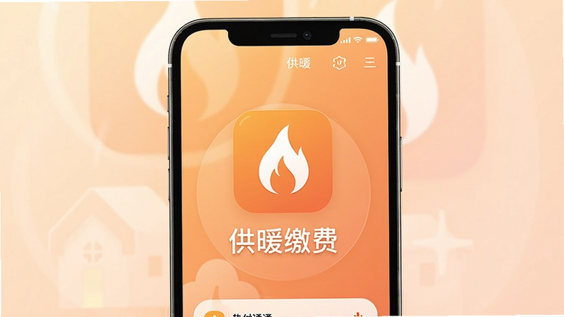热付通手机主界面展示,背景为暖色渐变,中央显示APP图标与“供暖缴费”字样,整体风格简洁现代,突出移动端缴费场景,适配Boogu模型生成。