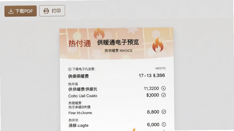 热付通电子发票预览界面,显示一张已开具的供暖费发票,左上角有“下载PDF”和“打印”按钮,背景为柔和灰色,发票样式清晰。