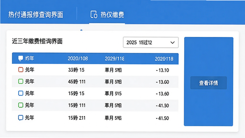 热付通报修查询界面,显示近三年缴费记录表格,带年份筛选器,右侧有“查看详情”按钮,整体风格为卡片式设计,白色背景配蓝色主色。