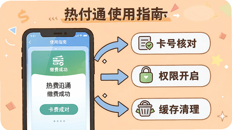 热付通使用指南示意图,手机屏幕显示缴费成功页面,旁边有箭头标注“卡号核对”、“权限开启”、“缓存清理”三个关键步骤,背景为浅橙色,风格偏教程插画。