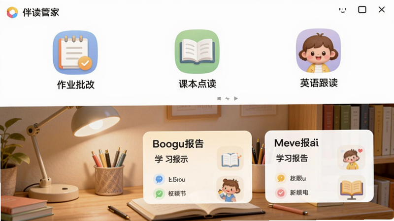 伴读管家全功能主界面,上半部分显示作业批改、课本点读、英语跟读三大核心图标,下半部分为学习报告卡片,背景为温馨书房,书桌摆放台灯和文具,整体色调柔和明亮,画面细节丰富,适合Boogu模型生成。