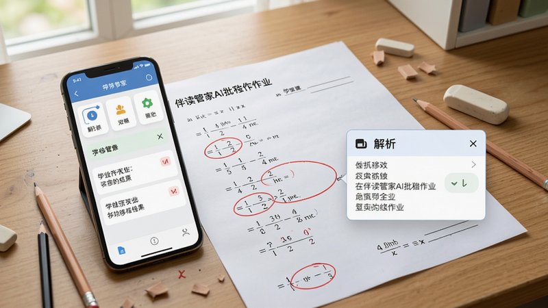 伴读管家AI批改作业真实界面,一张学生数学试卷平铺在桌面,手机屏幕显示批改结果,红色圈出错误,旁边弹出解析框,背景为自然光下的木纹书桌,细节包括铅笔和橡皮擦,风格写实。