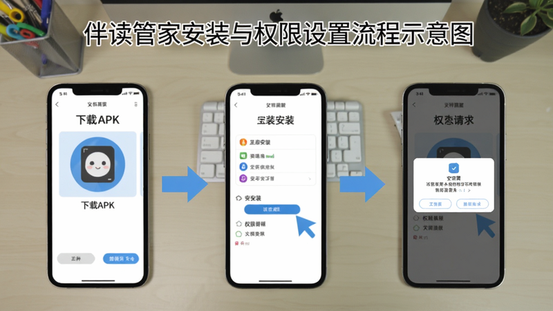 伴读管家安装与权限设置流程示意图,手机屏幕依次展示下载APK、点击安装、弹出权限请求弹窗三个步骤,背景为简洁的操作台,箭头指示清晰,适合教程配图。